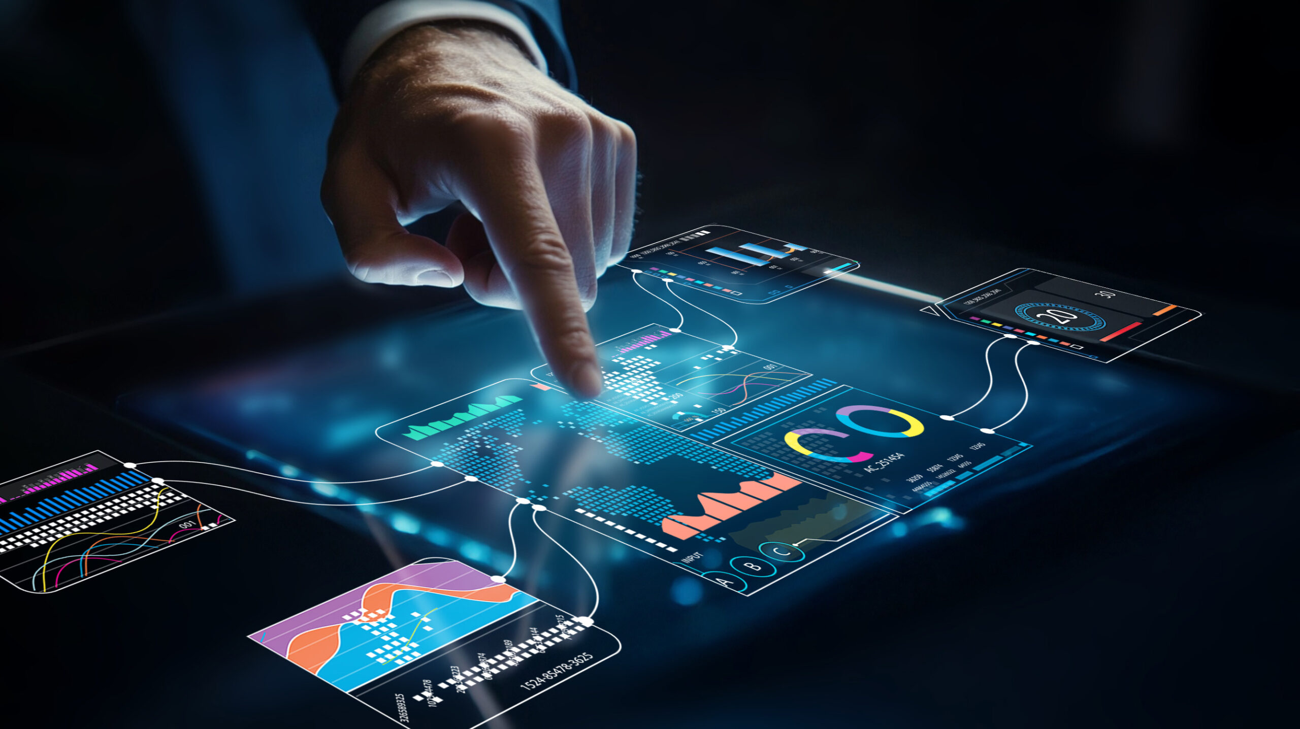 A business professional engages with a modern digital data interface, using hand gestures to interact with charts and metrics in a dark, futuristic setting.