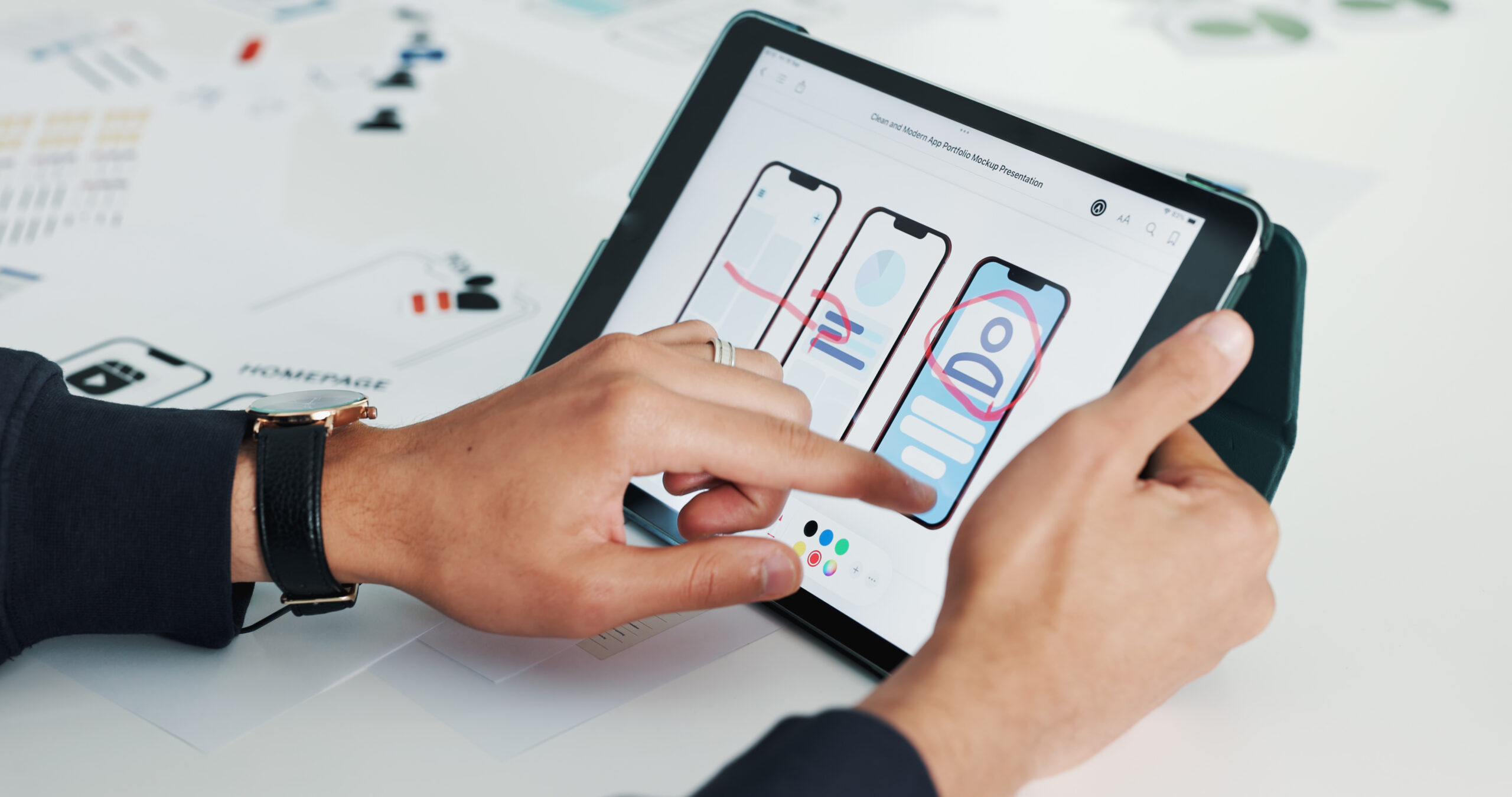 Person, hands and tablet screen with wireframes for app design, software development or UI planning. Closeup, designer or technology display with digital blueprint for mobile UX, function or layout.