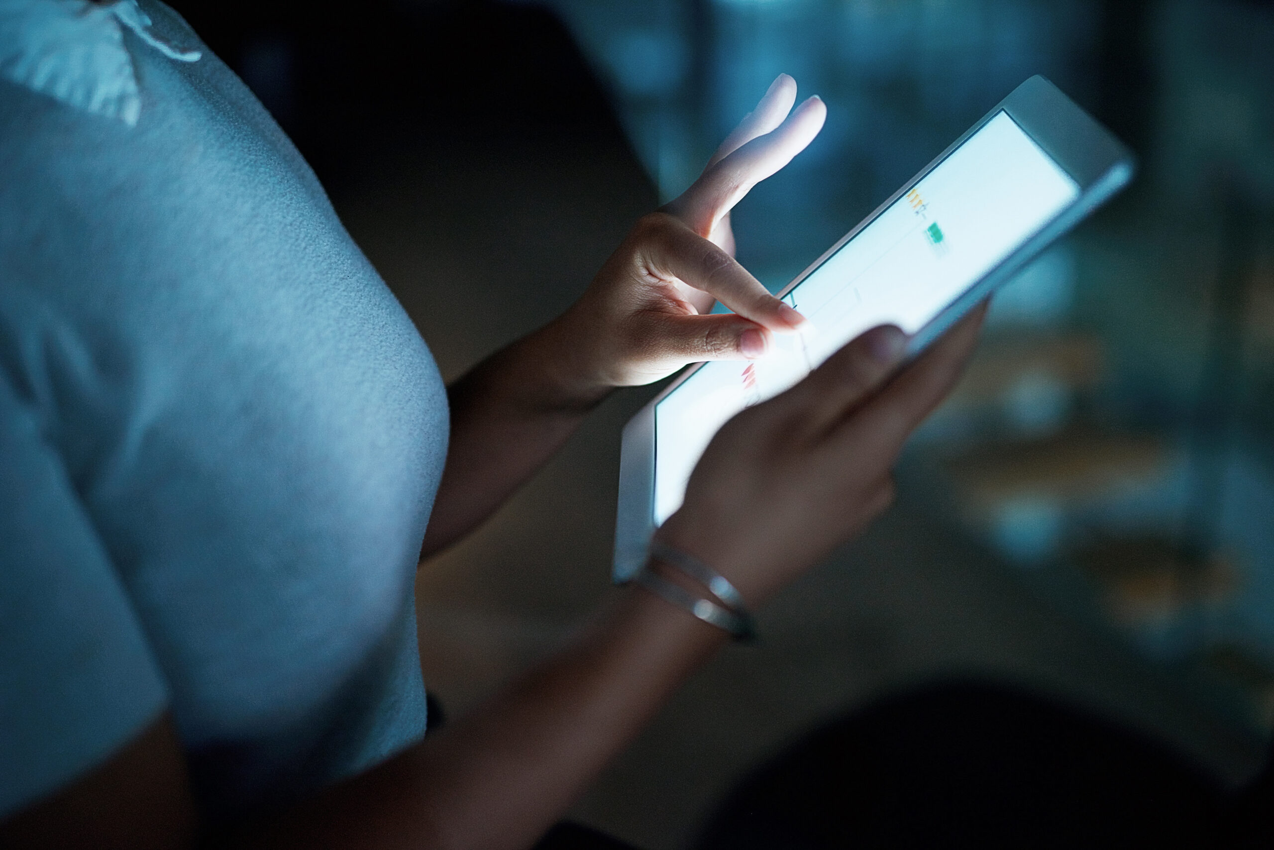 Night, hands and woman with tablet screen in office for ui testing, check site speed or app launch. UX display, web developer and scroll on tech for browser performance, user experience and usability.