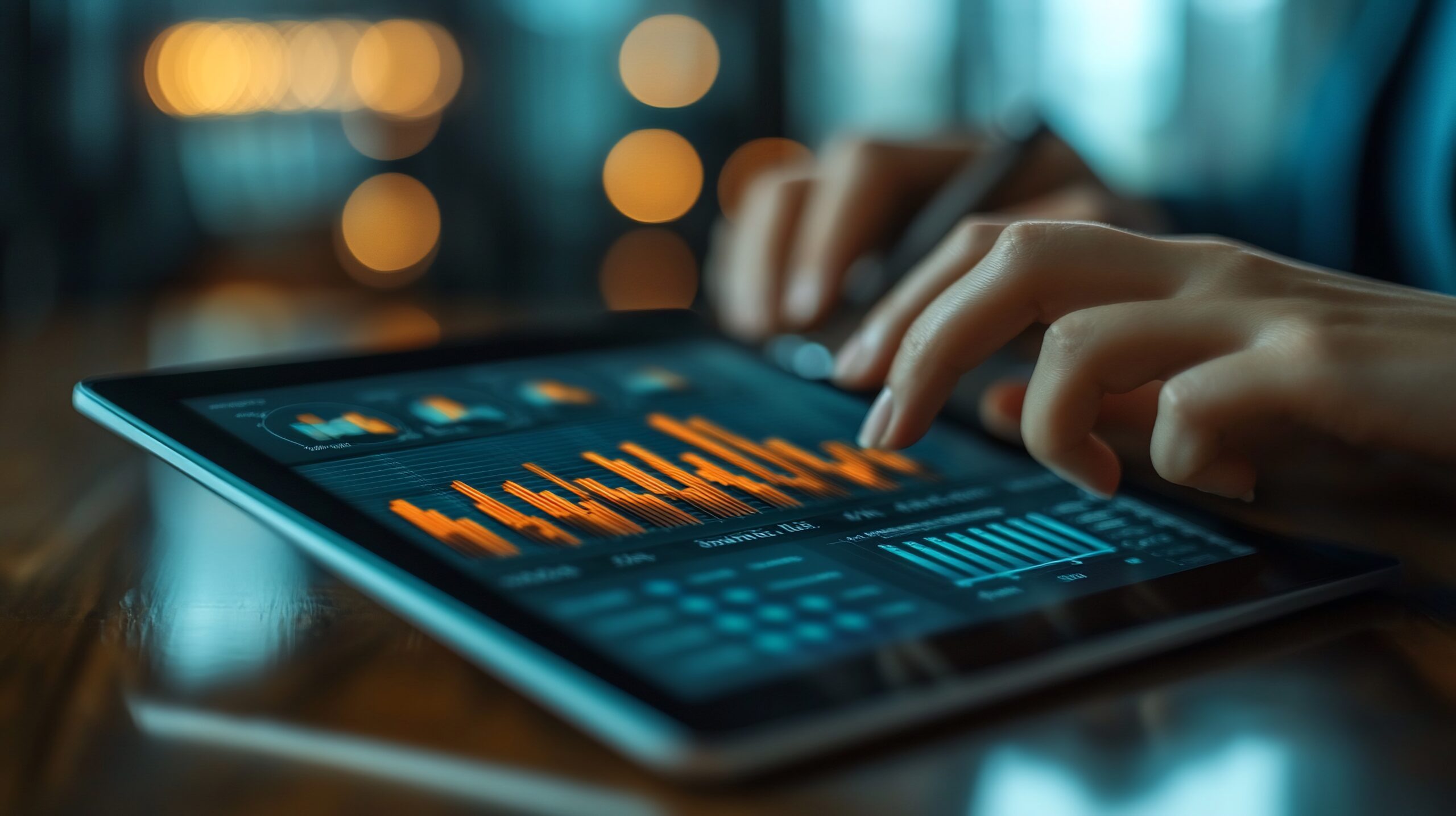 Person analyzing data on tablet.