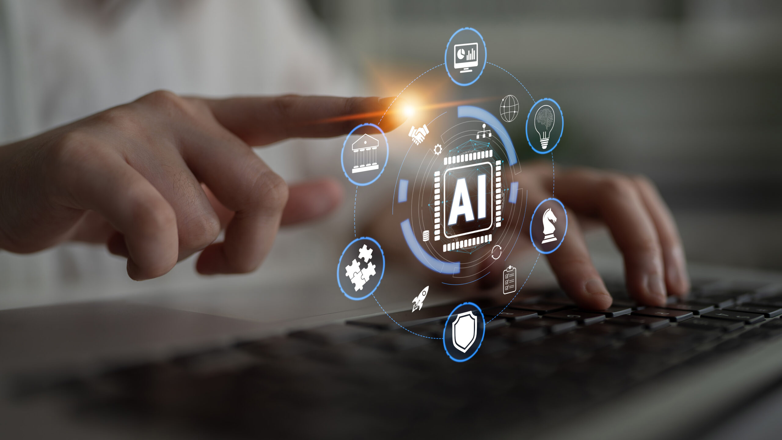 Hands Typing on Keyboard with AI Concept Digital Icons, Technology Innovation, Future, and Data Analysis in Modern Workspace Environment Quark.