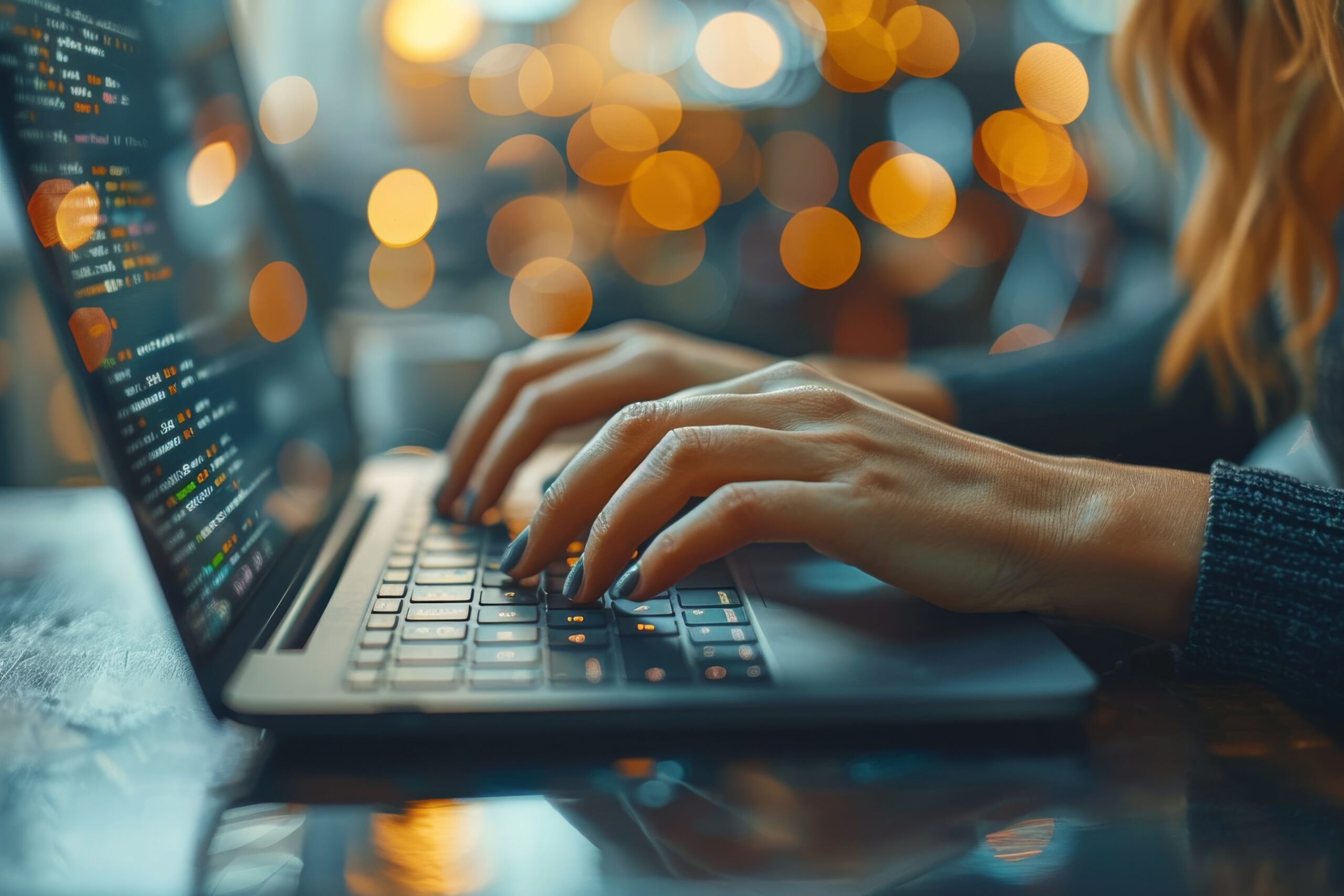 A close-up of a woman's hands typing on a laptop keyboard illuminated by soft, warm lighting with bokeh effect
