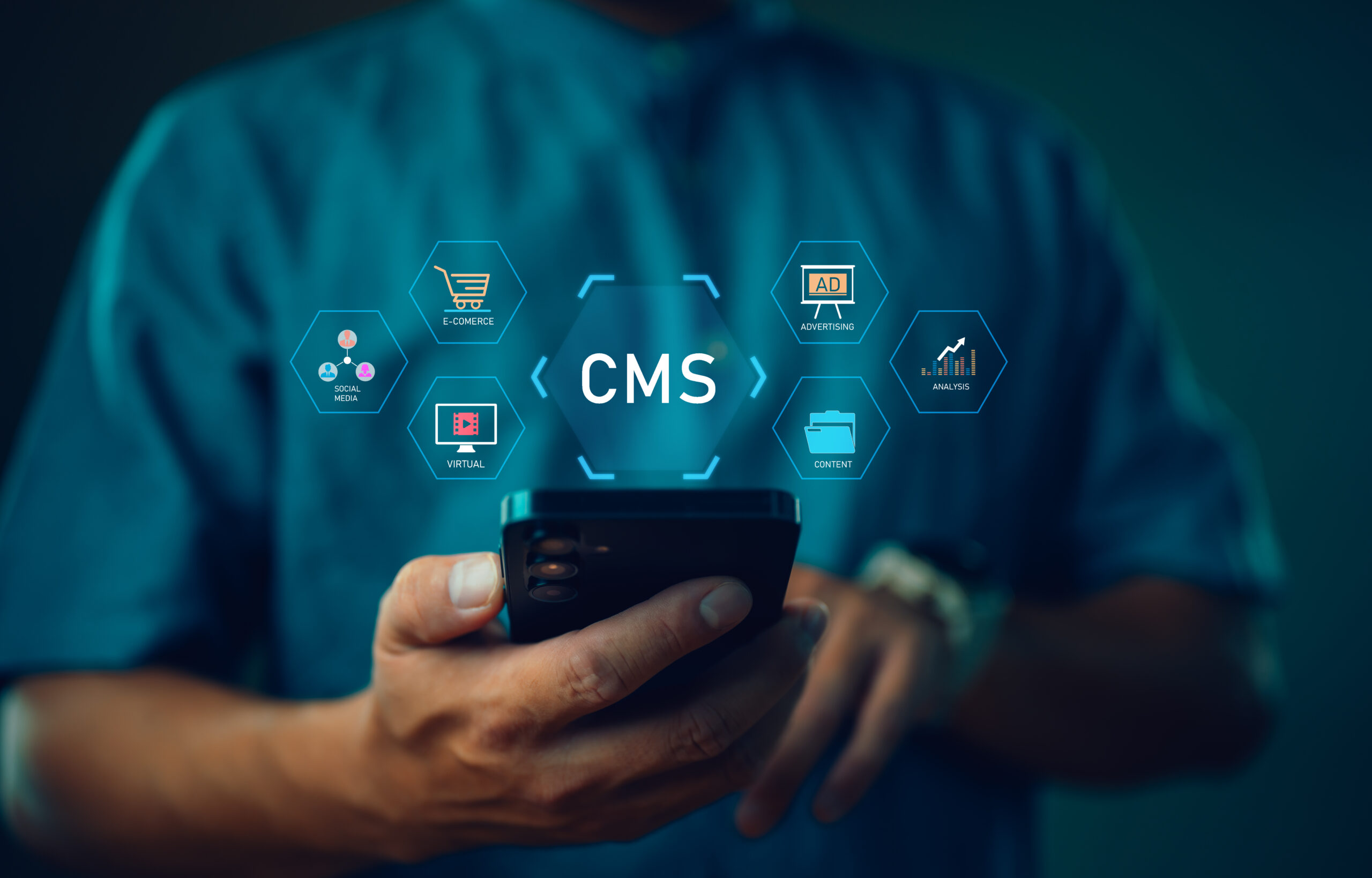 CMS concept, content management system. Businessman using smartphone to management CMS software for publishing content. Blog promotion, data administration and website optimization concept.